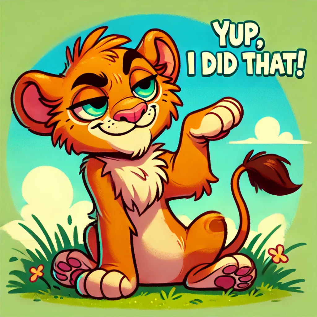 A f-boy lion cub looking at you and saying 'Surprise, mofo'
