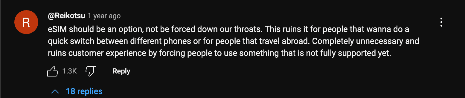 YouTube comment showing dissent about eSIM technology