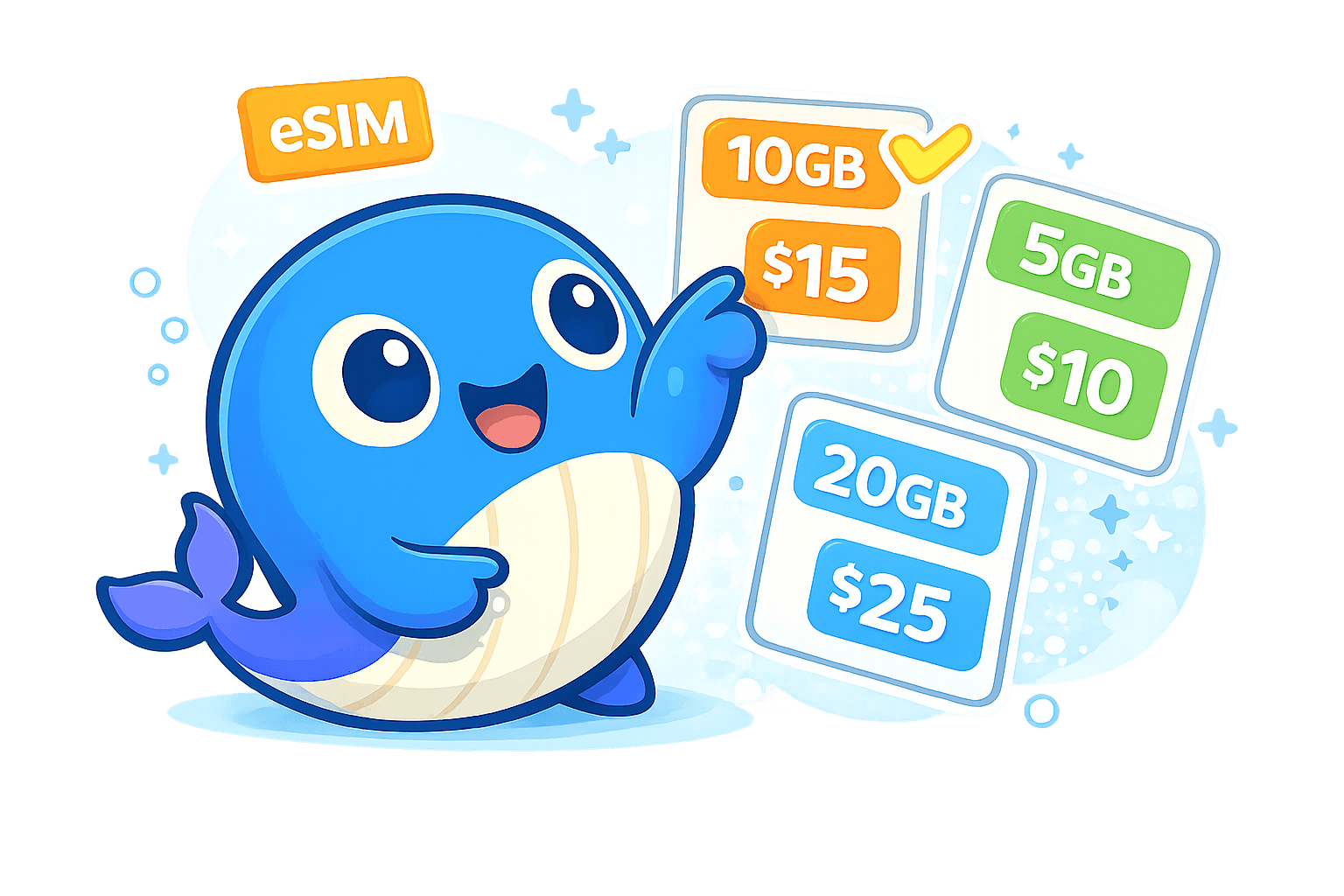 Only eSIM whale celebrating a successful purchase